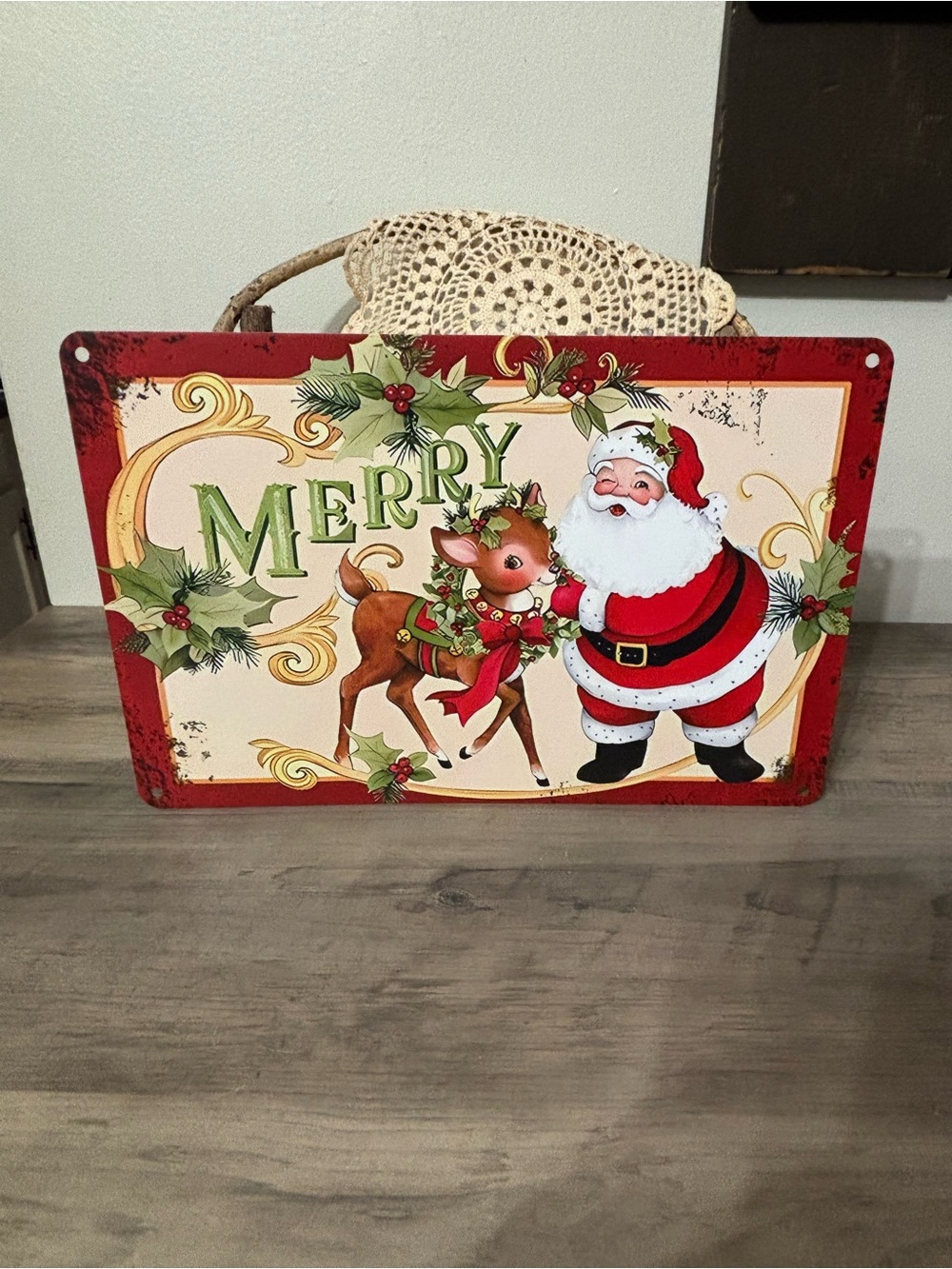 Vintage Inspired Santa & Reindeer Tin Metal Sign nostalgic mid-century style NEW